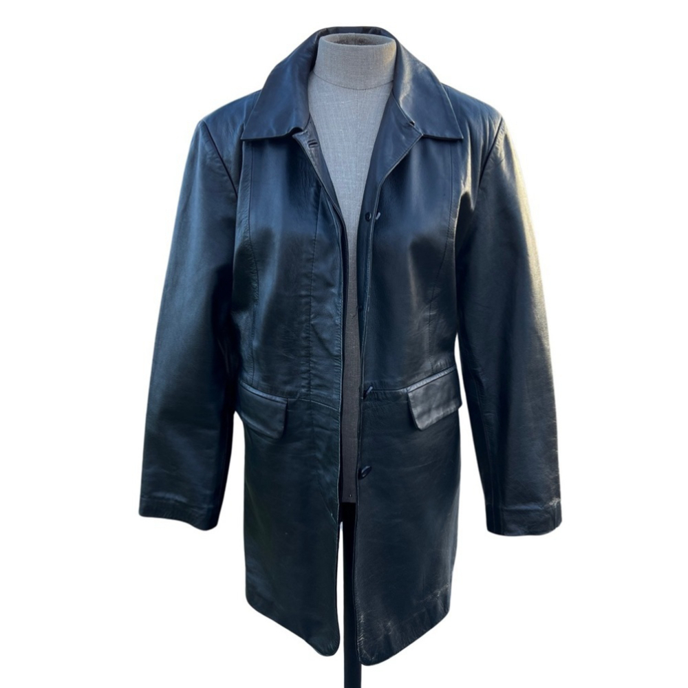 Vintage 90s Black Leather Long Coat Blazer Jacket Retro Overcoat